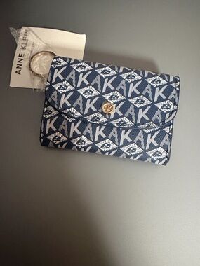 Anne Klein Navy White Monogram Mini Wallet with Gold-Tone Snap